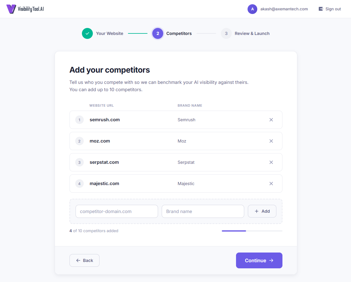 Onboarding Step 2: Add competitor websites and brand names